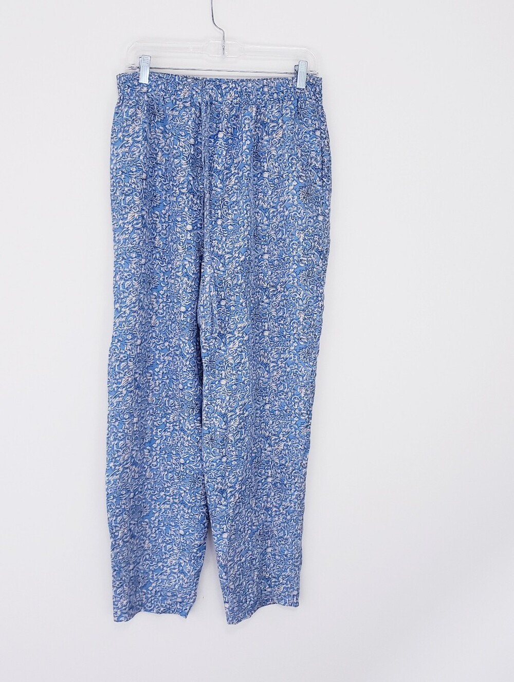 Melrose Studio Blue White Floral Pants 100% Silk Wide Leg Medium Flowy Pant